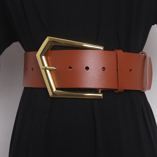 Concave Shape Large Pin Buckle Cowhide Wide Belt