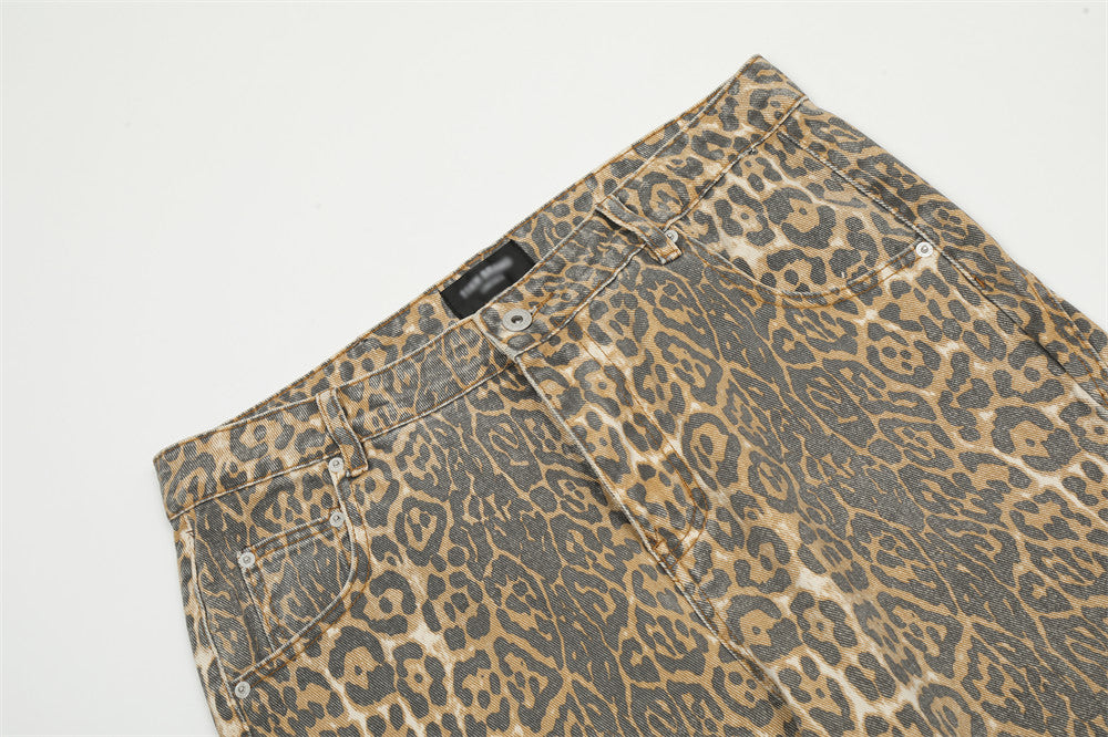 Leopard Print Wash Casual American Style Loose Wide-leg Straight Trousers