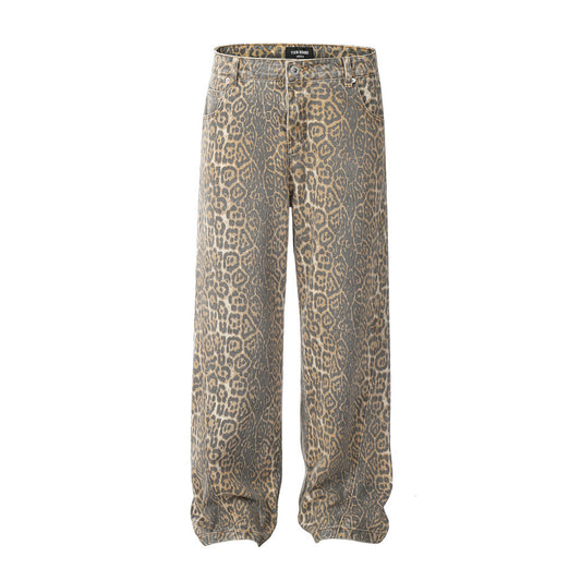 Leopard Print Wash Casual American Style Loose Wide-leg Straight Trousers