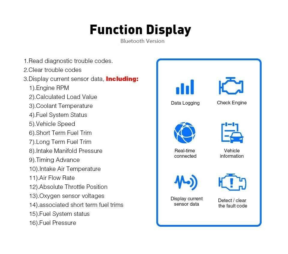 Bluetooth OBD2 OBDII Car Diagnostic Scanner Tool Check Engine Fault Code Reader