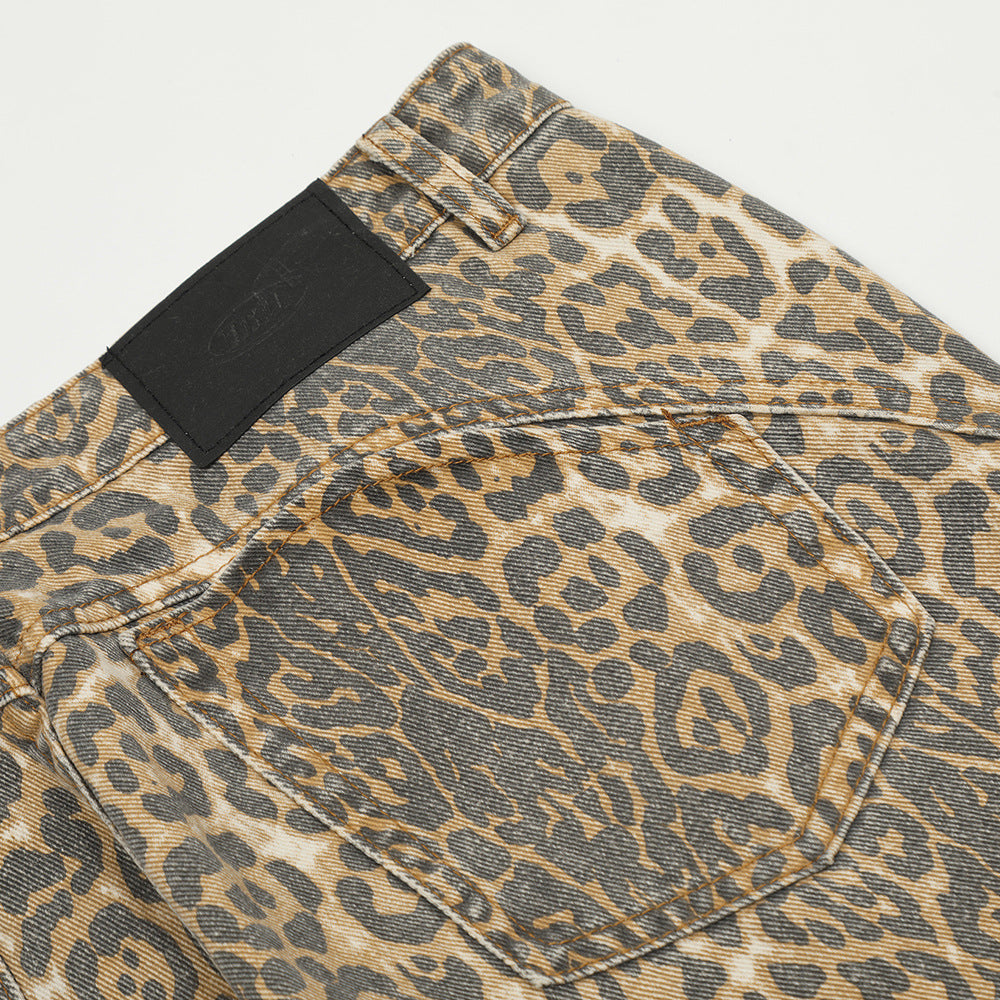 Leopard Print Wash Casual American Style Loose Wide-leg Straight Trousers