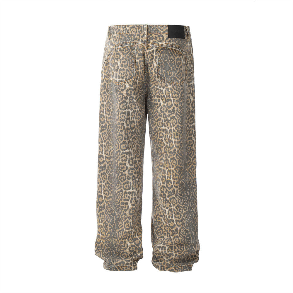 Leopard Print Wash Casual American Style Loose Wide-leg Straight Trousers